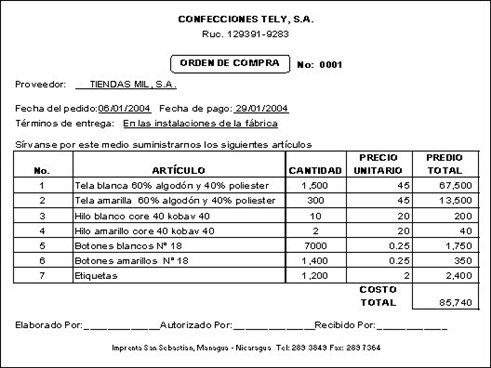 Ejemplos de orden de compra